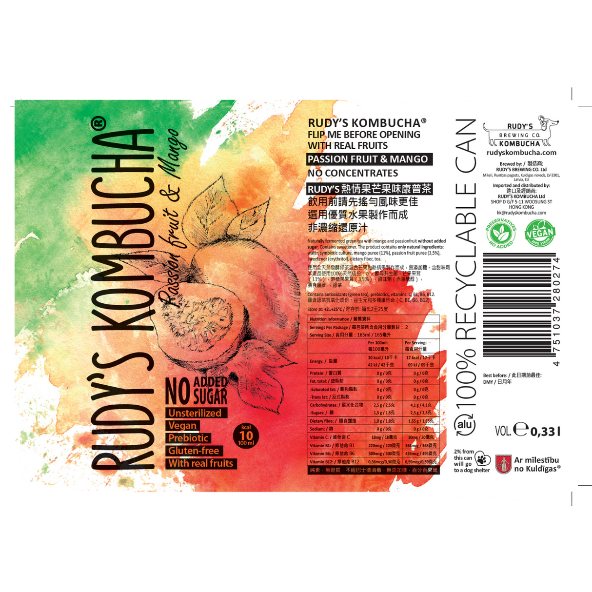 Rudy's Kombucha - Passion Fruit & Mango (330ml)
