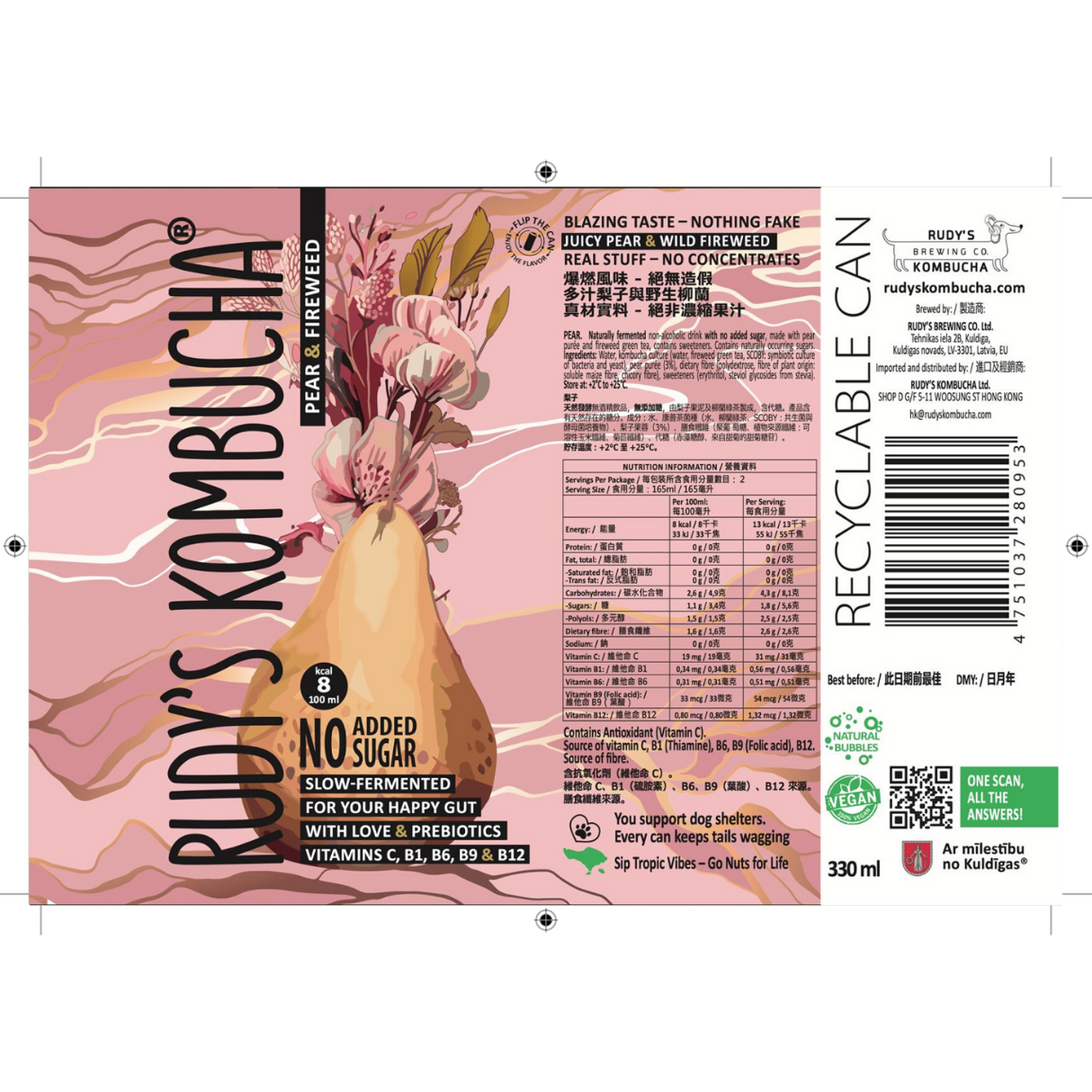 Rudy's Kombucha - Pear & Fireweed (330ml)